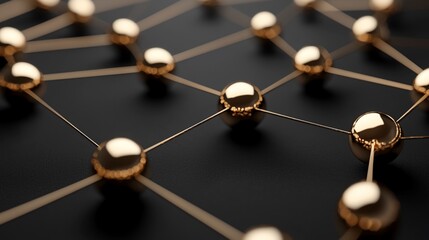 Poster - Abstract network of golden spheres connected by lines on black background.