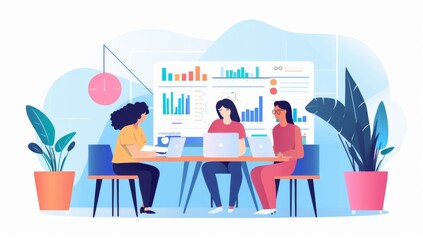 Poster - Three Businesswomen Collaborate on Data Analysis and Charts in a Modern Office Setting