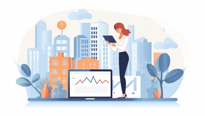 Poster - Businesswoman Analyzing Data in a Modern Cityscape