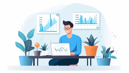 Poster - Businessman Analyzing Financial Data on Laptop, Charts on Wall, Plants on Desk