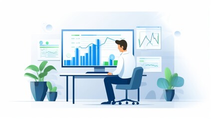 Poster - Businessman Analyzing Financial Data on a Large Computer Screen