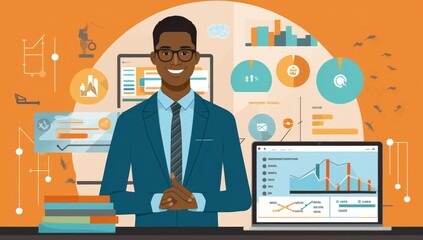 Poster - Portrait of a Confident African-American Businessman Analyzing Data and Financial Reports