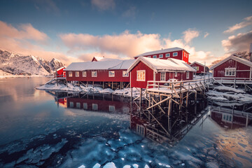 Wall Mural - lofoten islands, reine, norway and hamnoy fishing village with red rorbuer houses in winter nature p