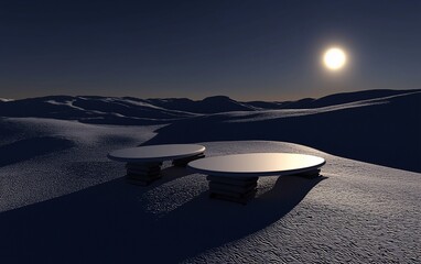 Poster - Two round platforms on snowy landscape at night.