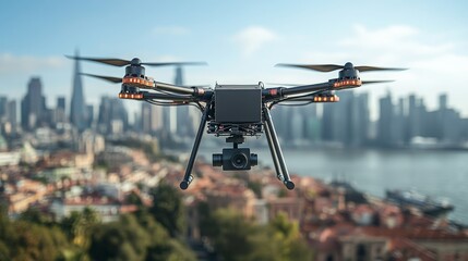 Poster - Drones improve urban monitoring and efficiency over city skyline during daytime
