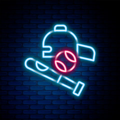 Poster - glowing neon line baseball bat with ball, hat icon isolated on brick wall background. colorful outli