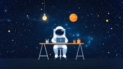 Poster - Astronaut engages with laptop surrounded by a cosmic backdrop of stars and planets