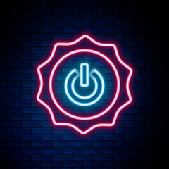 Wall Mural - Glowing neon line Power button icon isolated on brick wall background. Start sign. Colorful outline concept. Vector