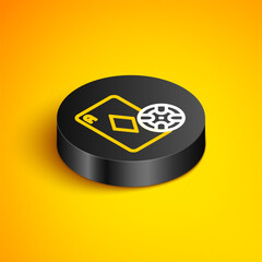 Poster - Isometric line Casino chip and playing cards icon isolated on yellow background. Casino poker. Black circle button. Vector
