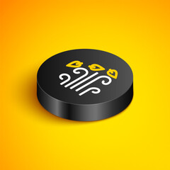 Poster - Isometric line Windy weather icon isolated on yellow background. Cloud and wind. Black circle button. Vector