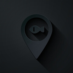 Poster - Paper cut Location fishing icon isolated on black background. Fishing place. Paper art style. Vector