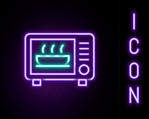 Fototapete - Glowing neon line Microwave oven icon isolated on black background. Home appliances icon. Colorful outline concept. Vector