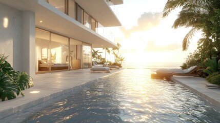 Poster - Luxury beachfront condo with infinity pool at sunset.