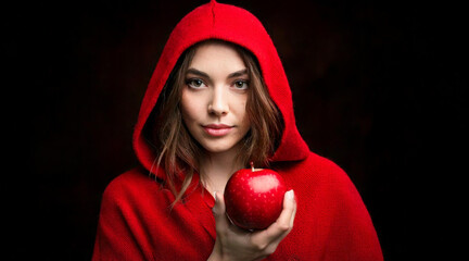 Wall Mural - Red Hooded Woman Holding Apple Fairytale