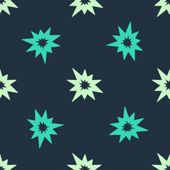 Poster - Green and beige Bomb explosion with shrapnel and fireball icon isolated seamless pattern on blue background. Vector