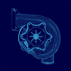 Poster - Blue drawing of a turbo with a blue outline. The drawing is of a car engine
