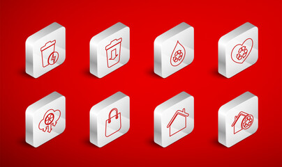 Poster - Set line Eco House with recycling, Send to the trash, Recycle clean aqua, friendly heart, Lightning can, Shopping bag and Acid rain and radioactive cloud icon. Vector