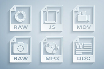 Poster - set mp3 file document, mov, raw, doc, js and icon. vector