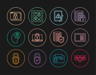 Poster - Set line Password protection, Safe, Tablet with exclamation mark, Laptop and lock, Human head, Secure your site HTTPS, SSL, Server shield and Graphic password icon. Vector