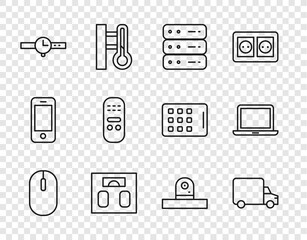 Poster - set line computer mouse, delivery cargo truck, server, data, web hosting, bathroom scales, wrist wat
