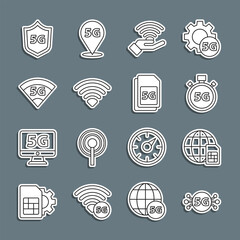 Poster - set line 5g network, globe sim card, digital speed meter, wi-fi wireless, protective shield and icon
