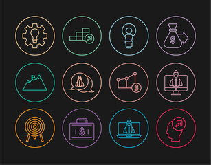 Poster - set line head hunting concept, startup project, with lamp bulb, mountains flag, light and gear, pie 