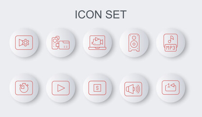 Poster - Set line Repeat track music player, Stopwatch, Online video, Speaker volume, Music or settings, Cinema camera, Play button and media icon. Vector