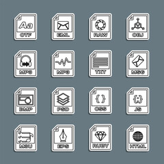 Poster - set line html file document, js, msg, raw, mp3, otf and txt icon. vector
