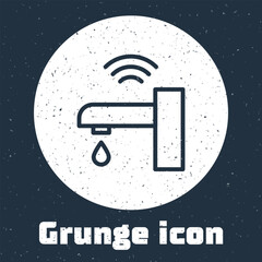 Poster - Grunge line Smart water tap system icon isolated on grey background. Internet of things concept with wireless connection. Monochrome vintage drawing. Vector