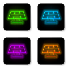 Poster - glowing neon line solar energy panel icon isolated on white background. black square button. vector