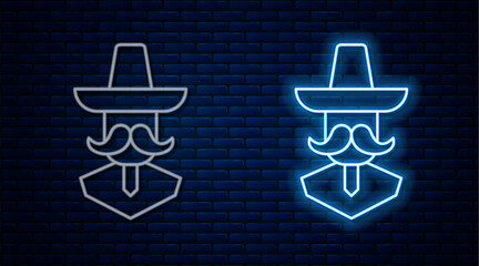 Canvas Print - Glowing neon line Mexican man wearing sombrero icon isolated on brick wall background. Hispanic man with a mustache. Vector