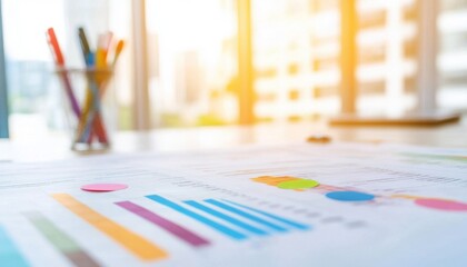 Poster - Bright Office Workspace with Colorful Charts and Graphs on Desk