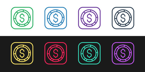 Poster - Set line Coin money with dollar symbol icon isolated on black and white background. Banking currency sign. Cash symbol. Vector