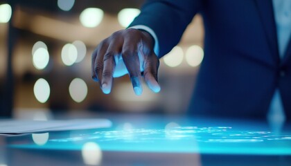 Poster - Close-up of a Man's Hand Interacting with a Futuristic Digital Interface