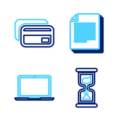 Poster - Set line Old hourglass, Laptop, Document and Credit card icon. Vector
