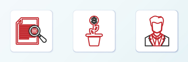Poster - set line user of man in business suit, document with search and dollar plant the pot icon. vector