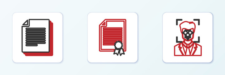 Poster - Set line Face recognition, Document and Certificate template icon. Vector