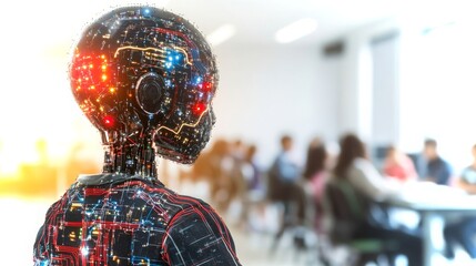 Poster - Robotic figure observing group discussion in modern conference room