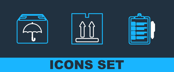 Poster - set line verification of delivery list, delivery package with umbrella and cardboard box traffic ico