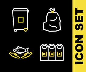 Poster - Set line Garbage bag, Trash in garbage cans sorted, Fish care and icon. Vector