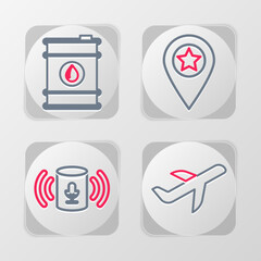 Poster - Set line Plane, Voice assistant, Location with star and Barrel oil icon. Vector