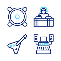 Poster - set line music recording studio, electric bass guitar, dj playing music and stereo speaker icon. vec