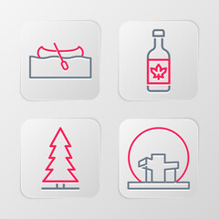 Poster - Set line Montreal Biosphere, Canadian spruce, Beer bottle and Kayak or canoe icon. Vector