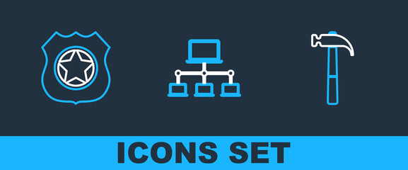 Poster - Set line Hammer, Police badge and Computer network icon. Vector