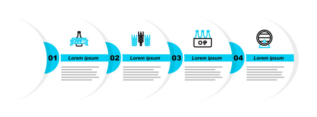 Poster - Set line Wooden barrel on rack, Pack of beer bottles, Wheat and Beer icon. Vector