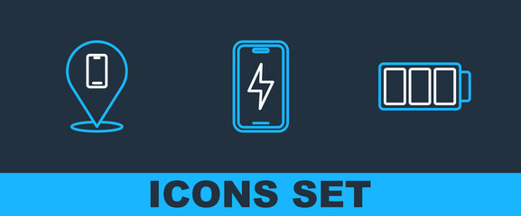 Poster - set line battery, phone repair service and mobile charging battery icon. vector