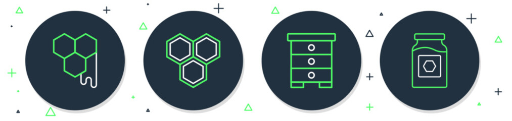 Poster - set line honeycomb, hive for bees, and jar of honey icon. vector
