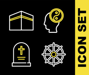 Poster - Set line Yin Yang, Dharma wheel, Tombstone with cross and Kaaba mosque icon. Vector