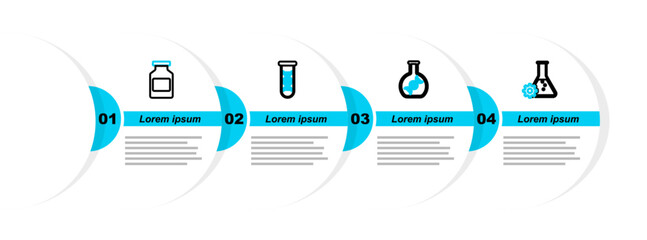 Poster - Set line Bioengineering, DNA research, search, and Medicine bottle icon. Vector