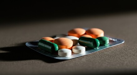 Colorful assortment of pills on a blister pack, representing health and wellness